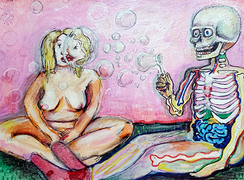 A skeleton blowing bubbles with a woman casually sitting by and watching.
