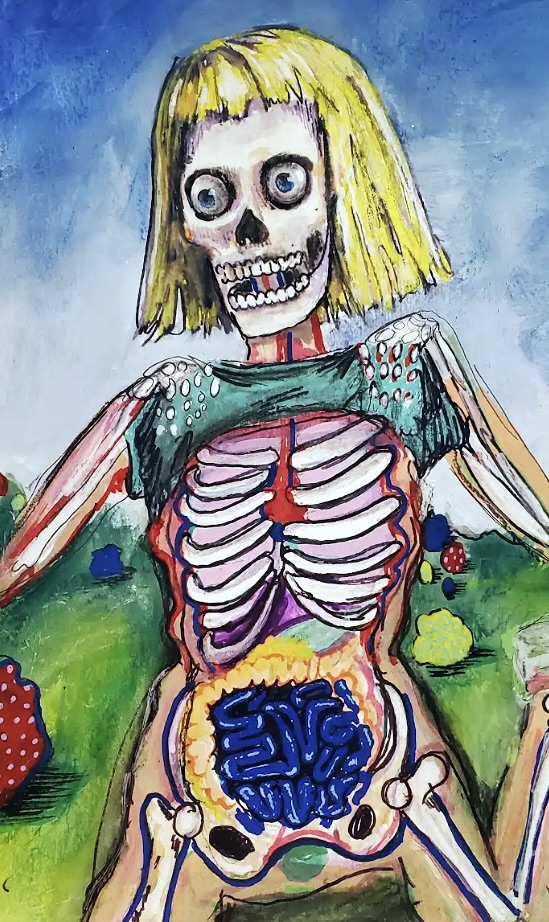 A skeleton running through a field.