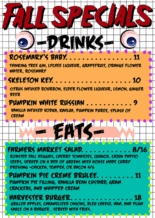 Fall drink menu that slightly resembles a monster.