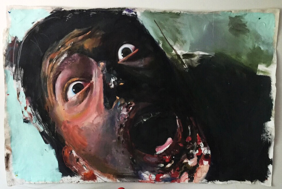 An oil painting of Bruce Campbell in Evil dead 3. It is the evil Bruce double before he is squished.